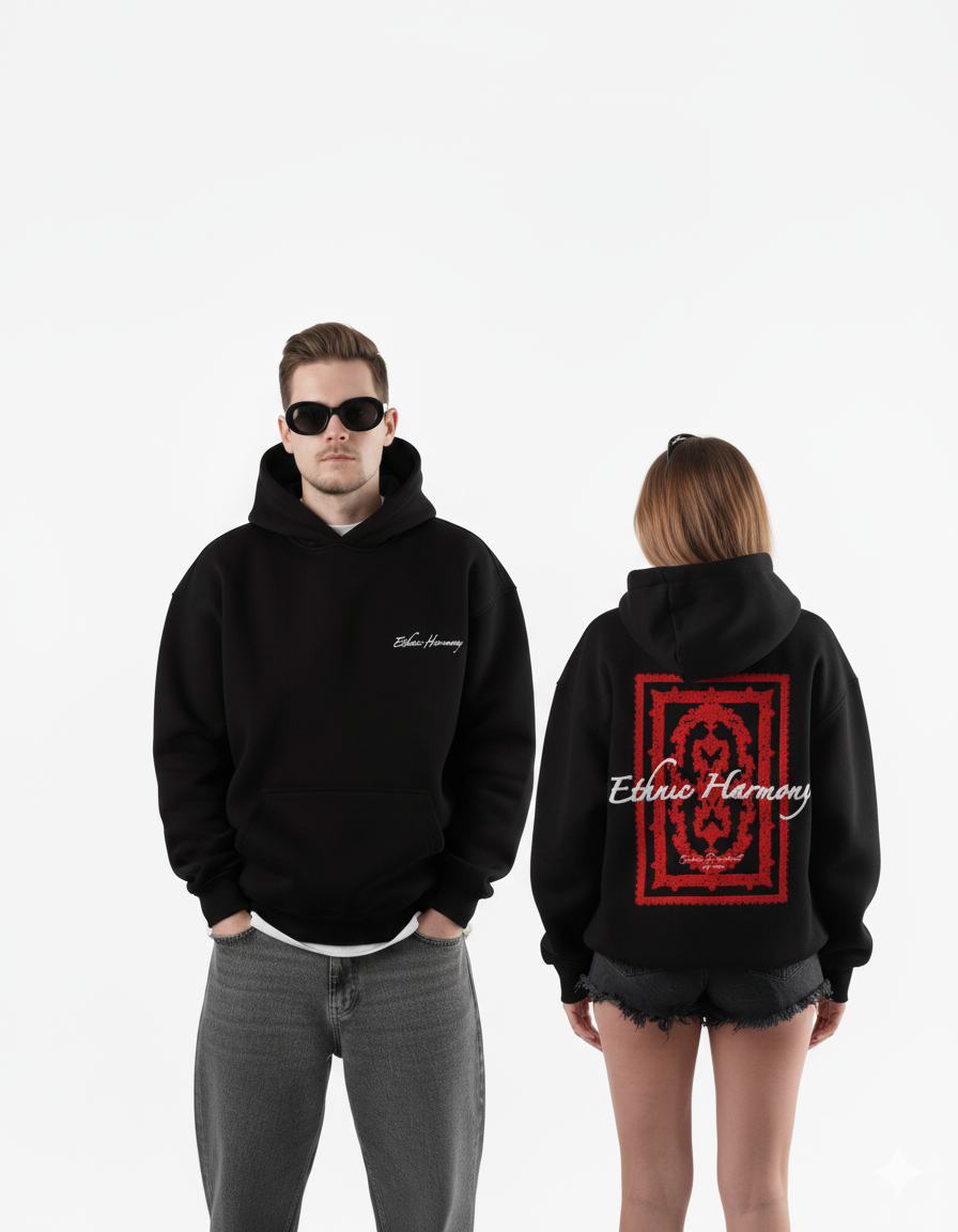 Hoodie Raised Design Black Red ESSENCE OF LIFE